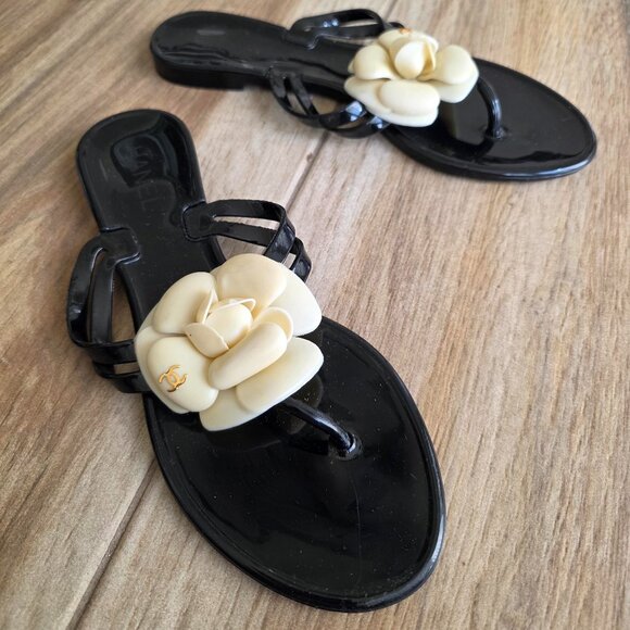 Chanel Black Camellia Sandals Eur. 38 - Picture 1 of 12